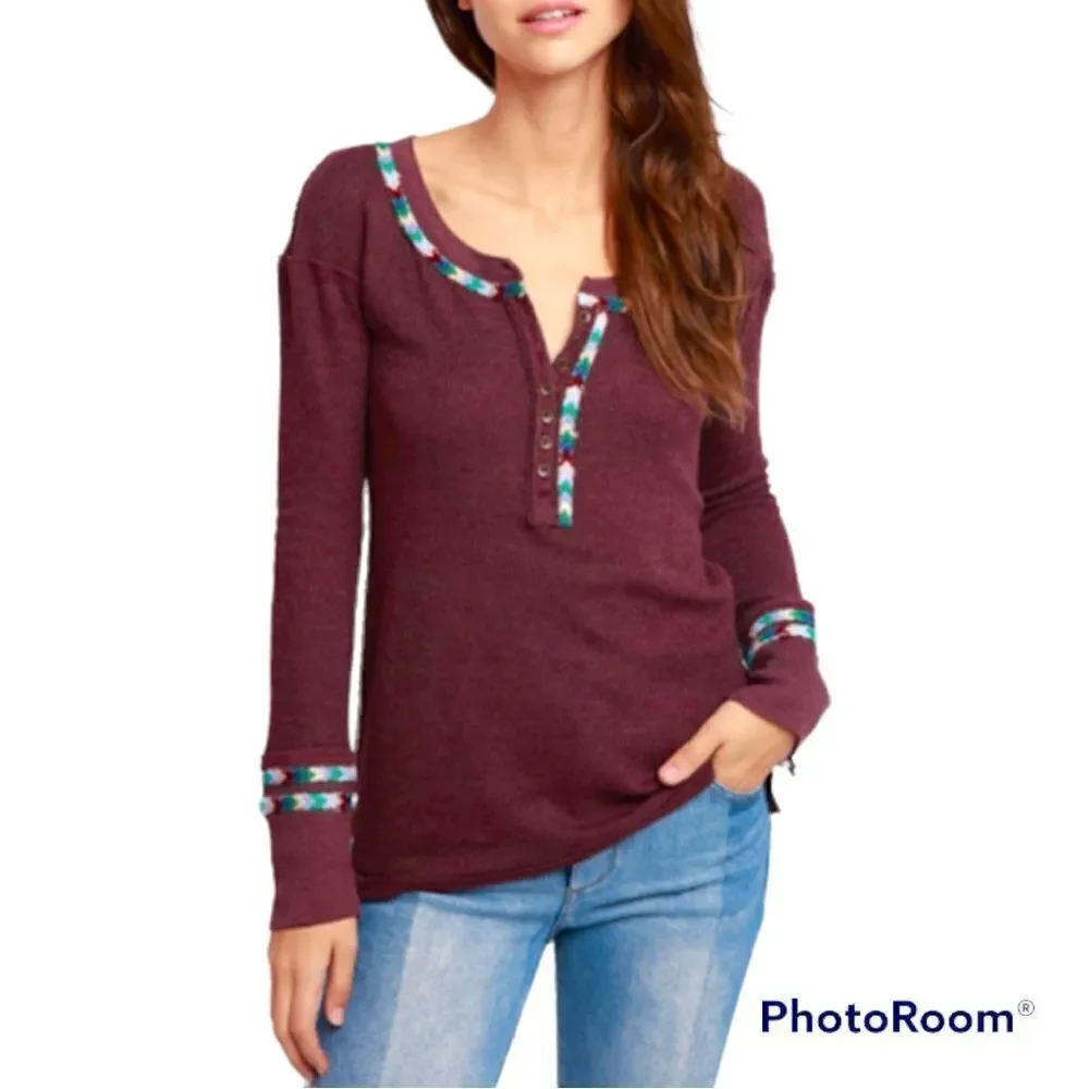 Free People Burgundy Red RAINBOW THERMAL TEE Henley top